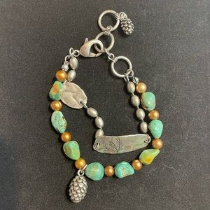 Turquoise beaded bracelet, gold beads,silver bracelet attached, pine cone charms